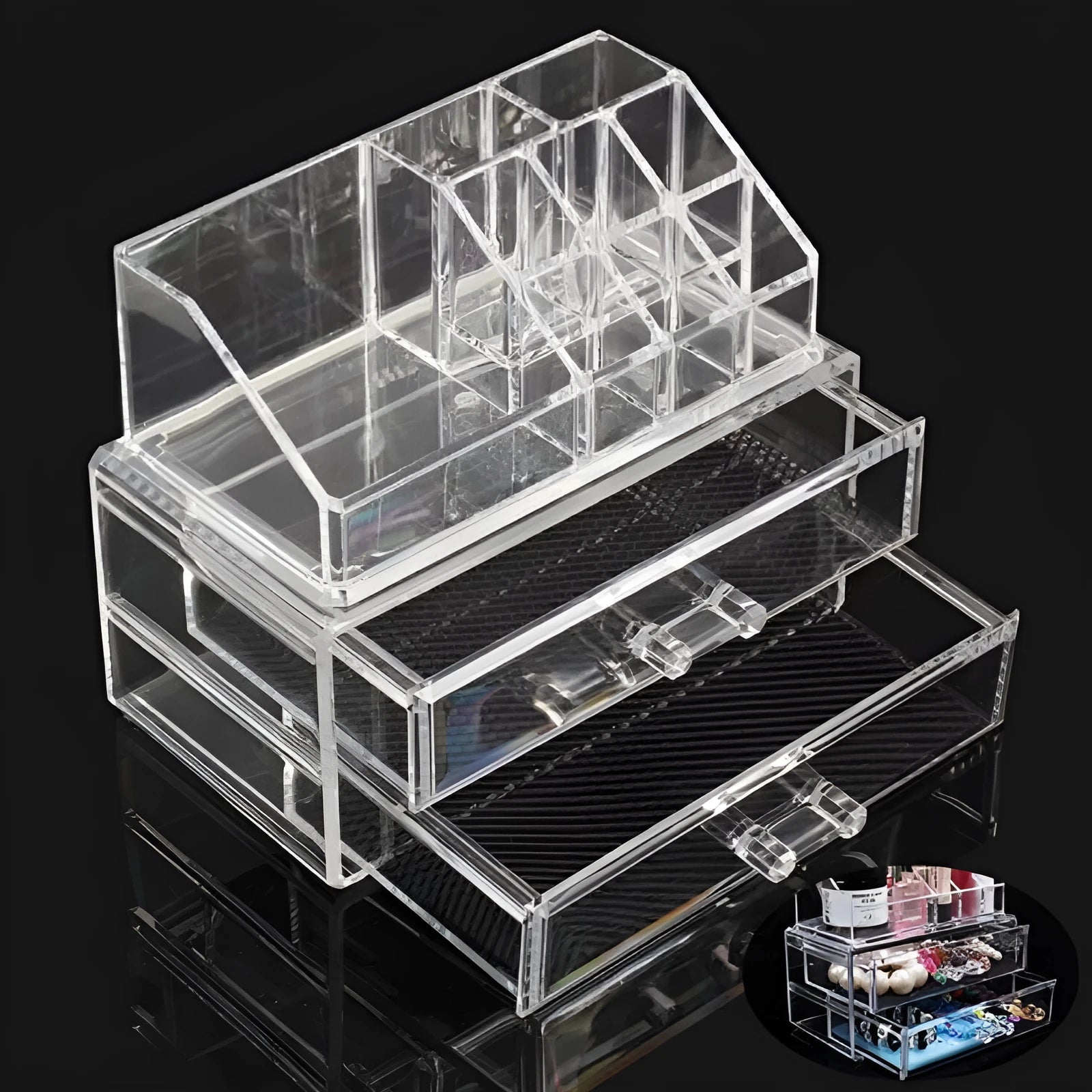 Transparent foldable acrylic makeup storage case with 18 litre capacity