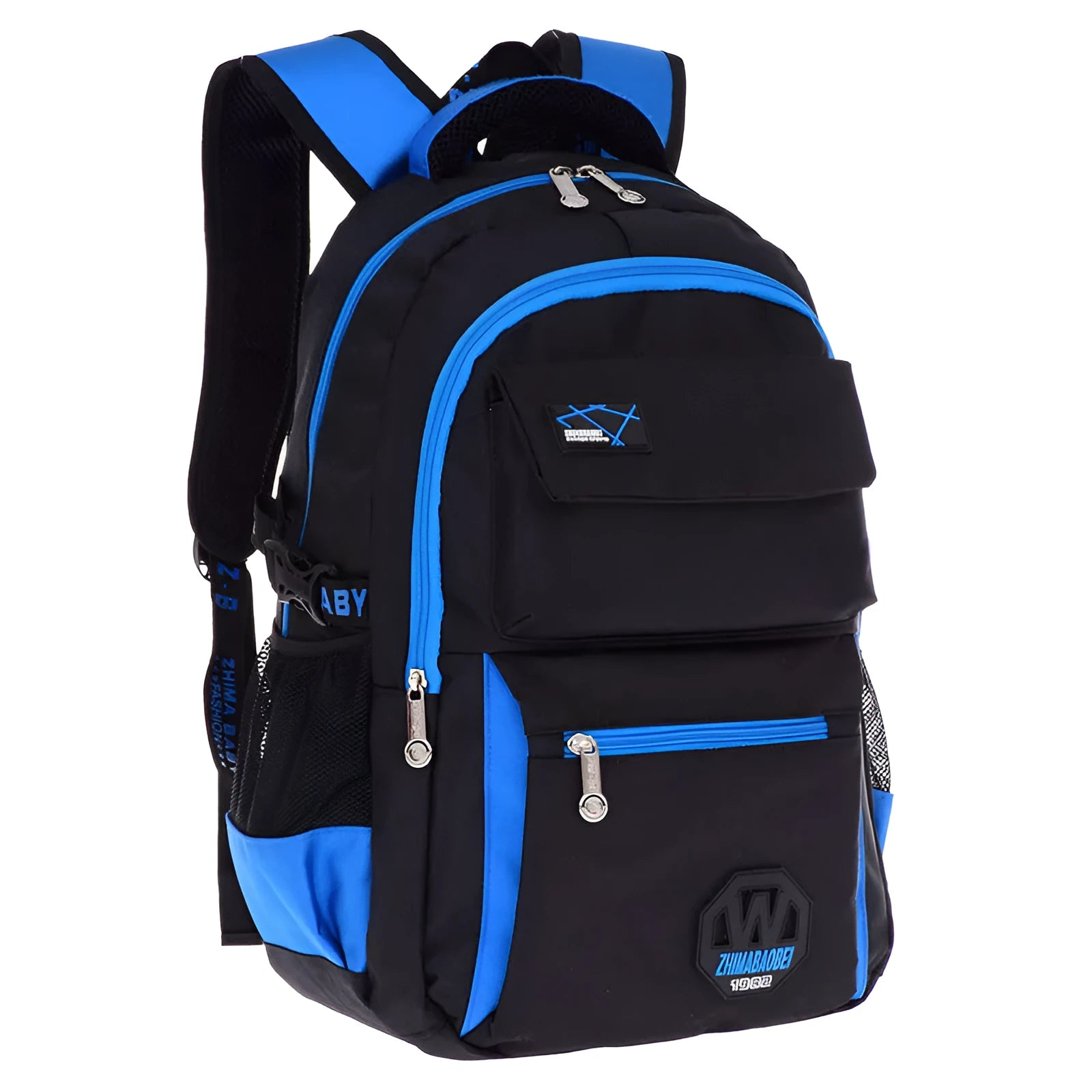Waterproof nylon school backpack in multiple colours with dimensions 46x30x18 cm showing compartment layout