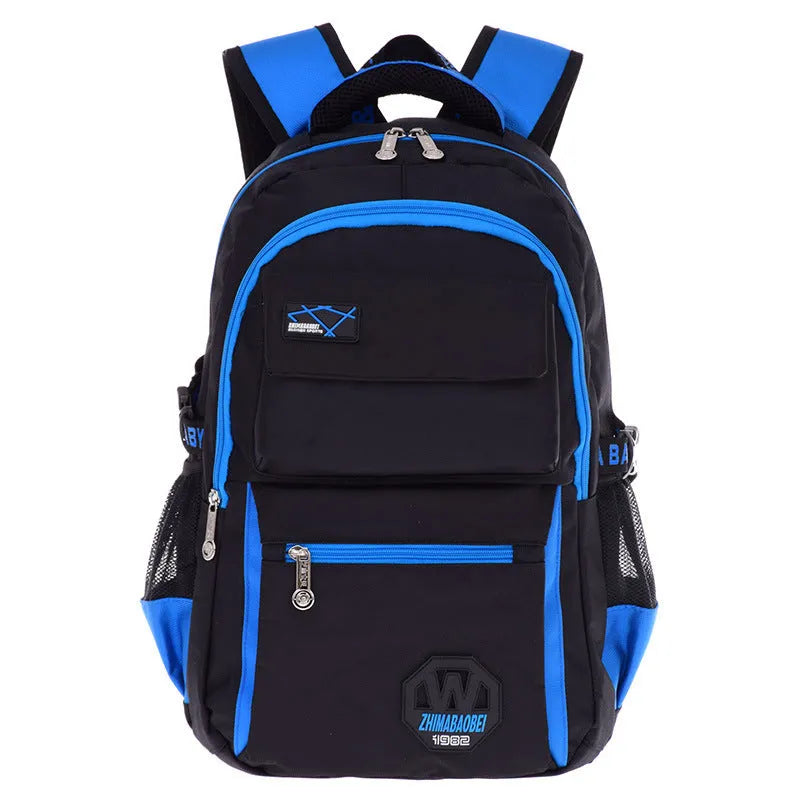 Waterproof nylon school backpack in multiple colours with dimensions 46x30x18 cm showing compartment layout