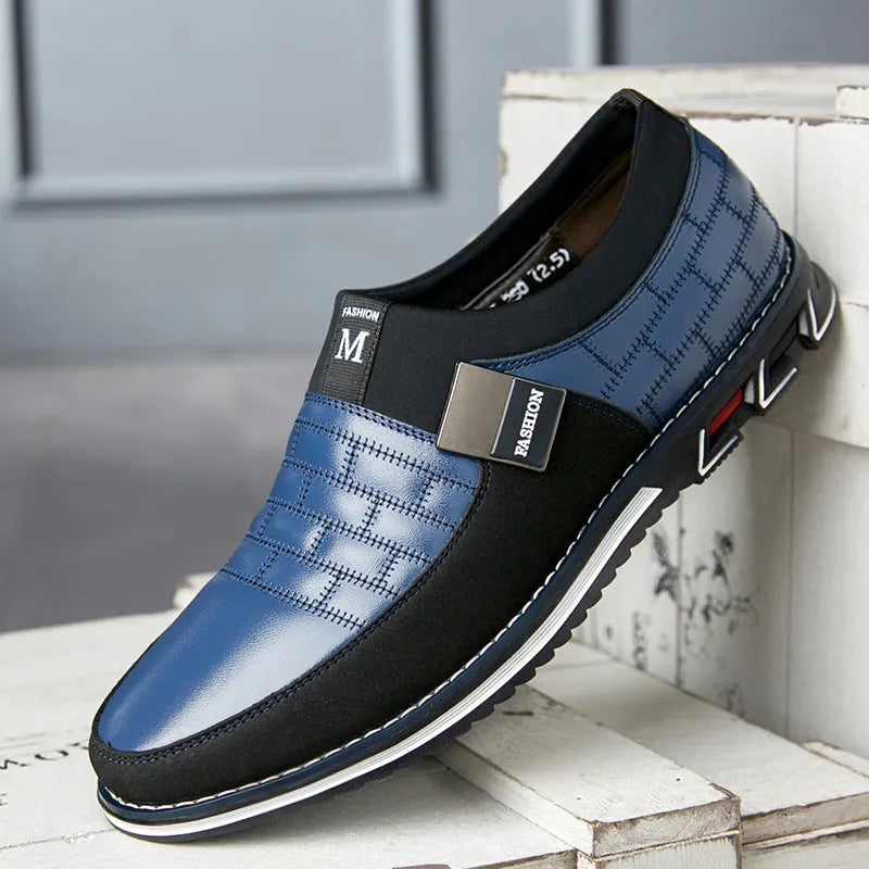 Men's casual leather shoes in blue, black, brown and white colours showing low-top design