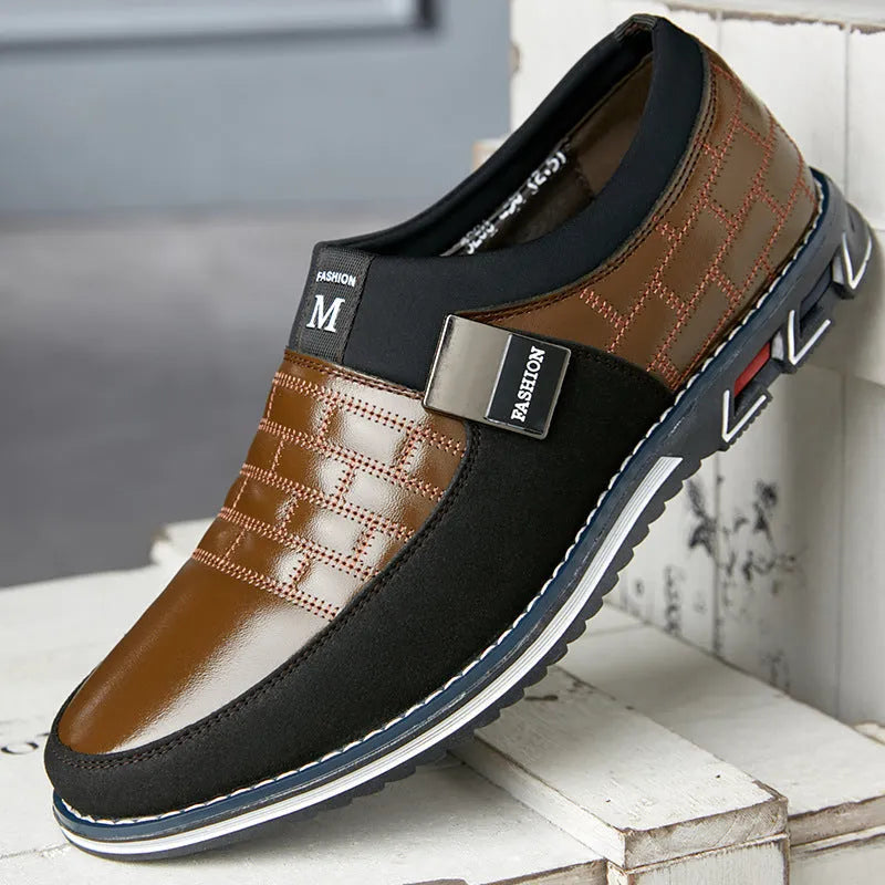 Men's casual leather shoes in blue, black, brown and white colours showing low-top design