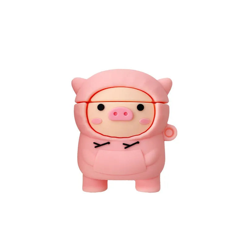 Silicone AirPods case cover with cartoon pig design in pink colour showing flip closure and keychain hook