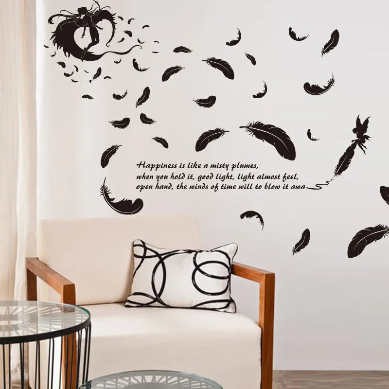 Black feather angel wall sticker showing three generations, 50x70 cm removable decoration