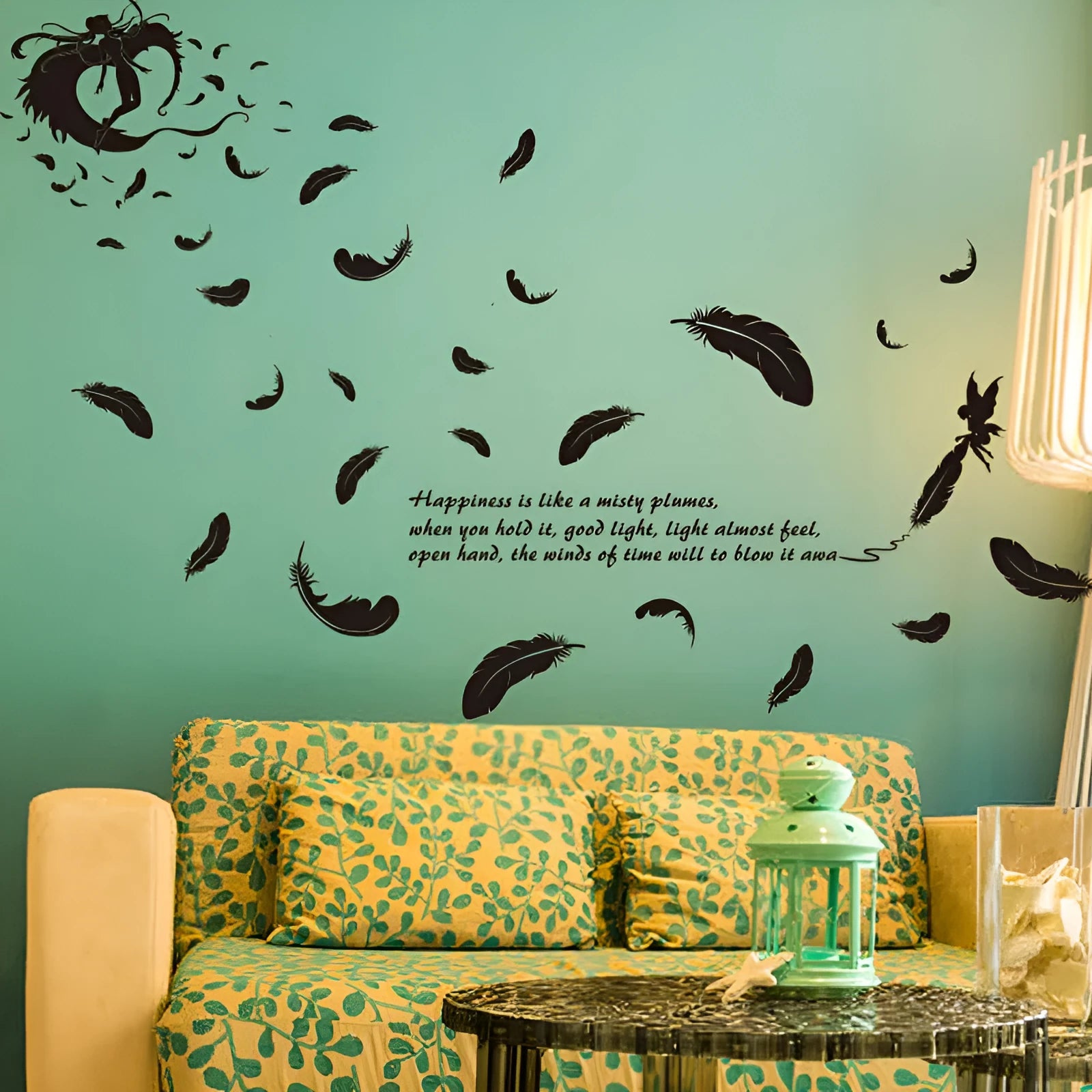 Black feather angel wall sticker showing three generations, 50x70 cm removable decoration