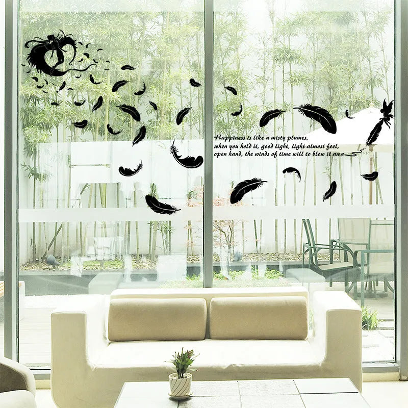 Black feather angel wall sticker showing three generations, 50x70 cm removable decoration