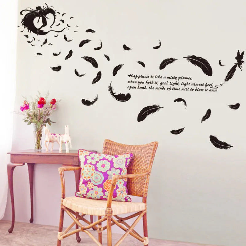 Black feather angel wall sticker showing three generations, 50x70 cm removable decoration