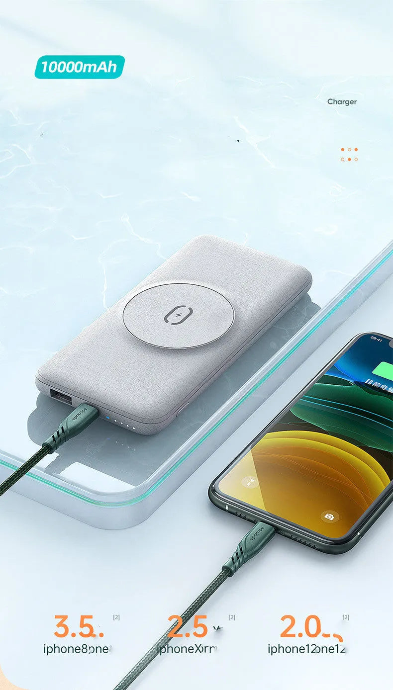 Maiduo Magsafe magnetic wireless power bank in mint green colour showing clip and dimensions
