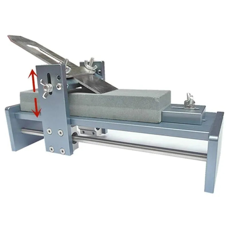 Aluminium fixed angle gantry sharpening tool for woodworking chisels, planers, and carving knives on a workbench.