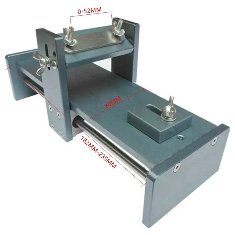 Aluminium fixed angle gantry sharpening tool for woodworking chisels, planers, and carving knives on a workbench.