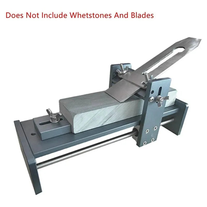 Aluminium fixed angle gantry sharpening tool for woodworking chisels, planers, and carving knives on a workbench.