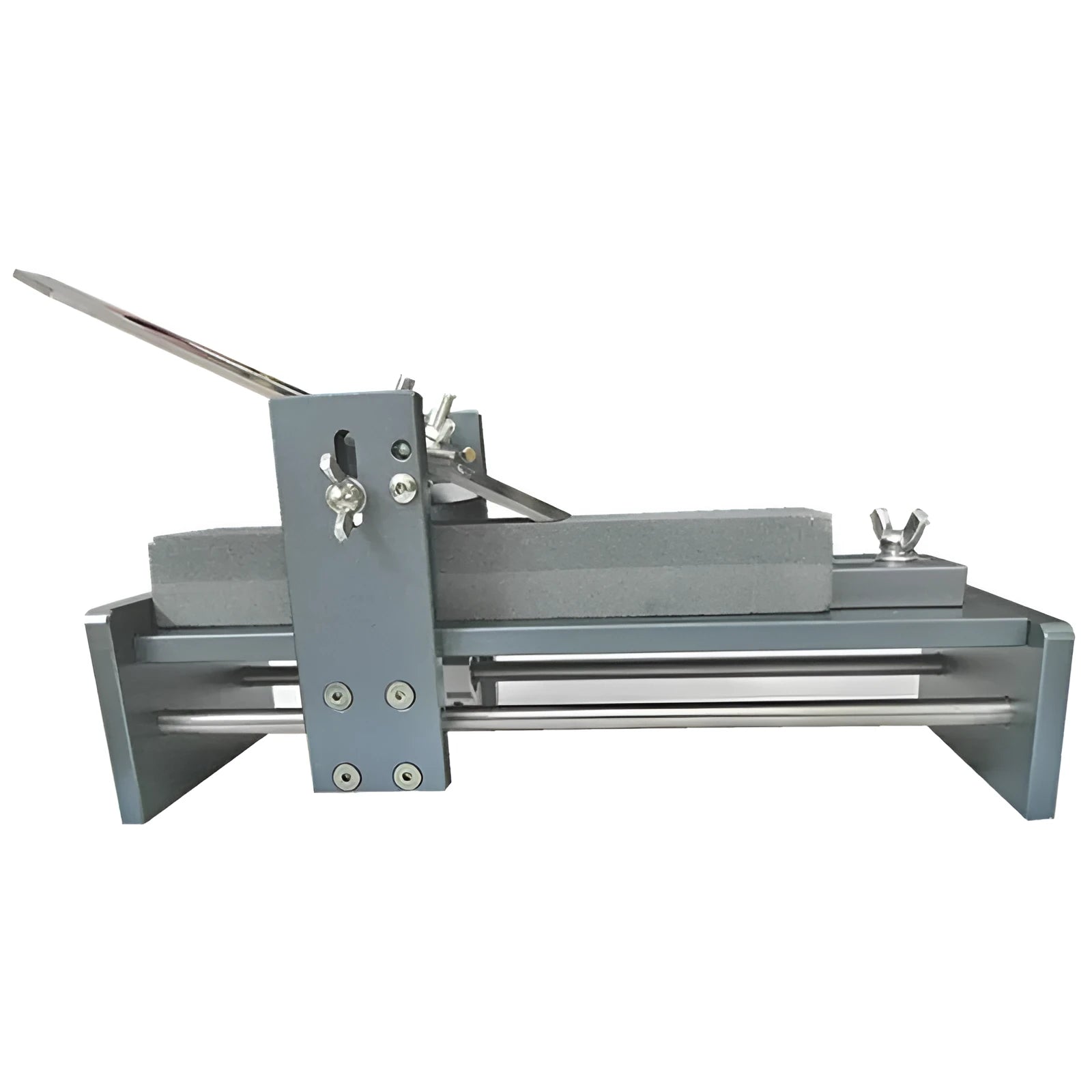 Aluminium fixed angle gantry sharpening tool for woodworking chisels, planers, and carving knives on a workbench.