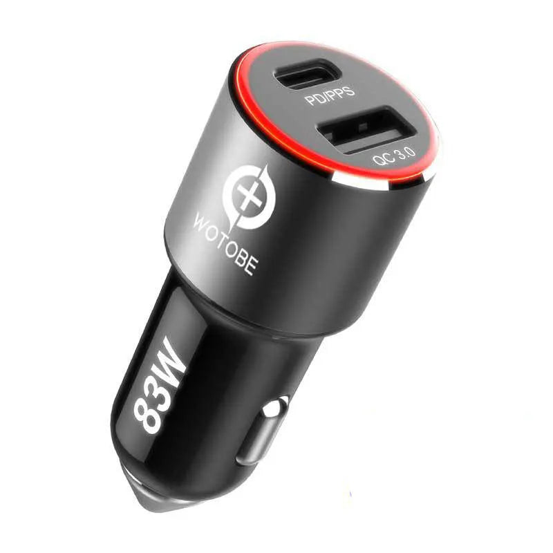 83W dual-port fast car charger with USB-C and USB-A ports for phones and laptops.
