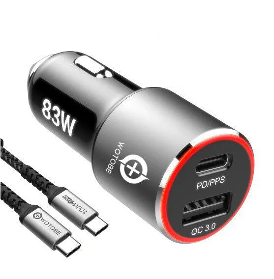 83W dual-port fast car charger with USB-C and USB-A ports for phones and laptops.