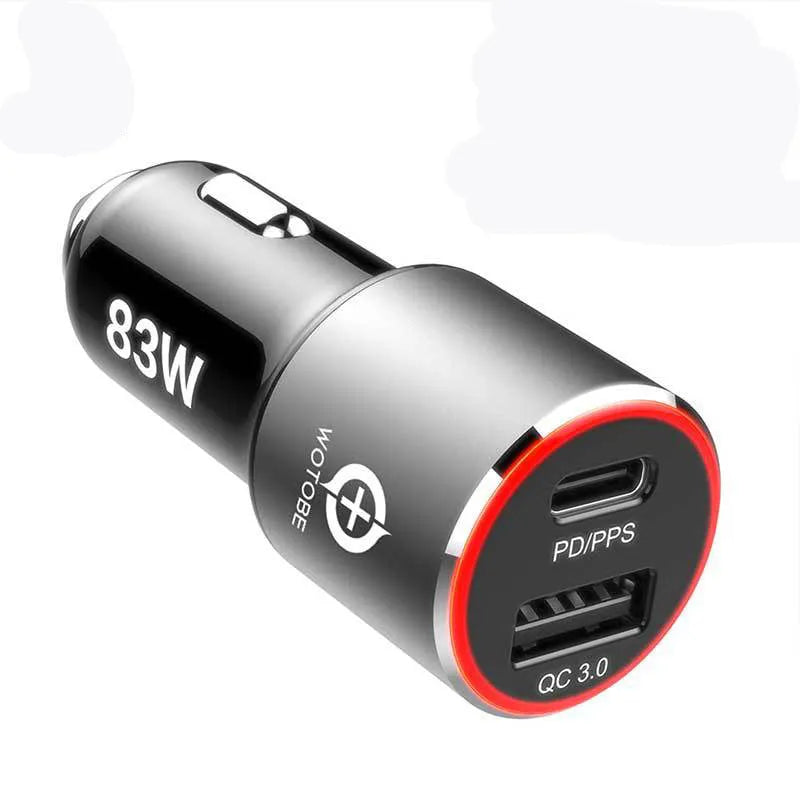 83W dual-port fast car charger with USB-C and USB-A ports for phones and laptops.