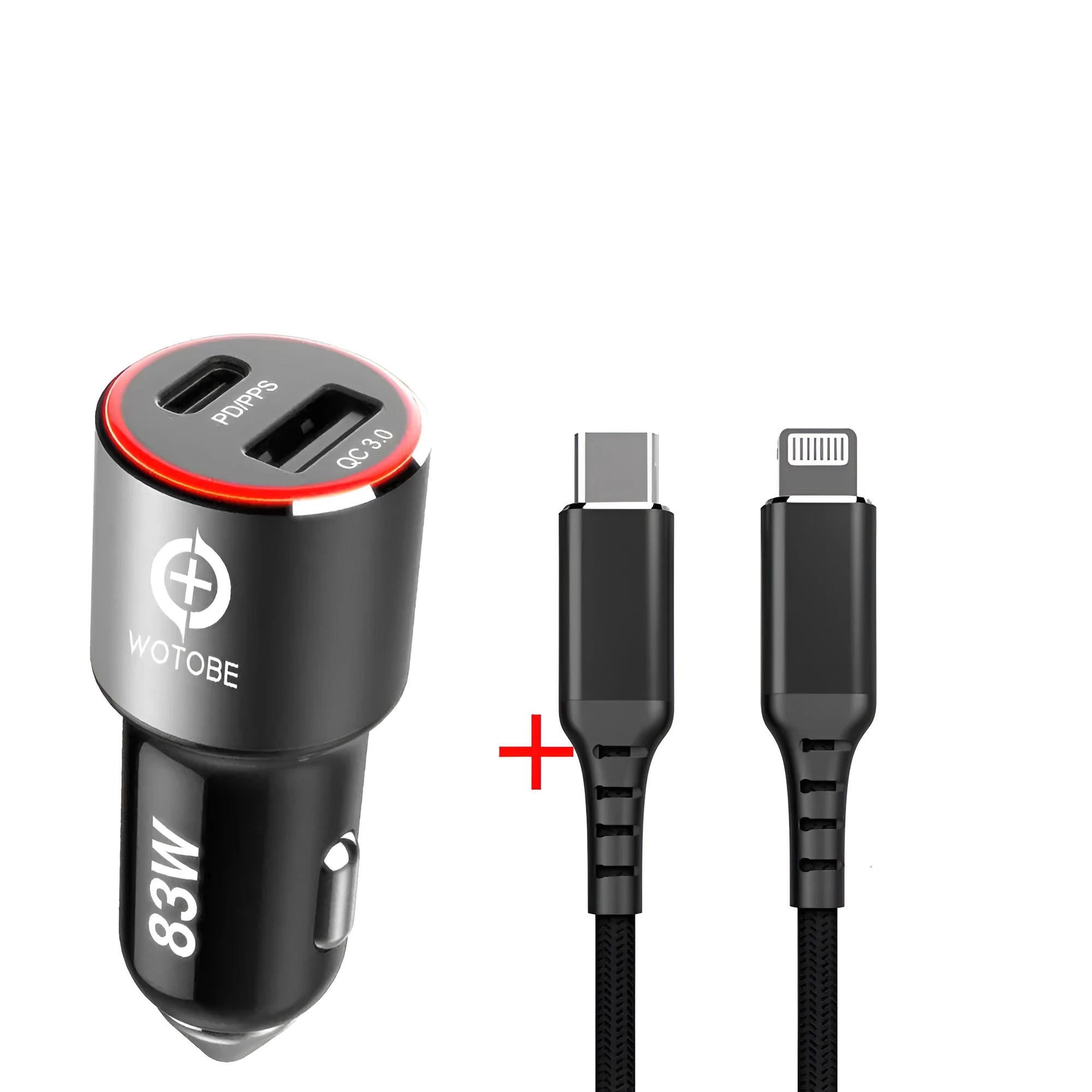 83W dual-port fast car charger with USB-C and USB-A ports for phones and laptops.