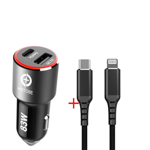 83W dual-port fast car charger with USB-C and USB-A ports for phones and laptops.
