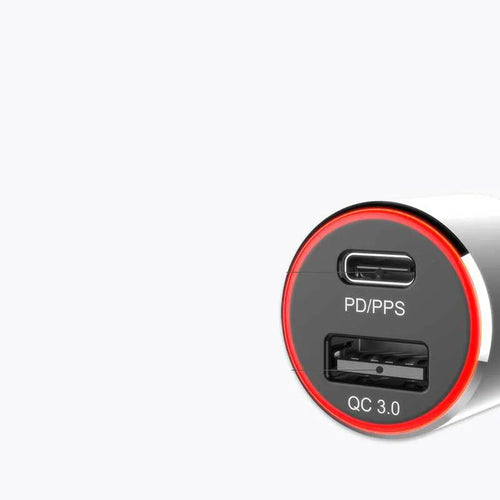 83W dual-port fast car charger with USB-C and USB-A ports for phones and laptops.