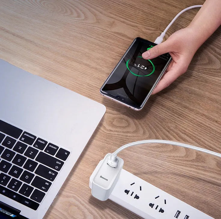 Baseus black and white Android fast charging cables with Micro USB plug, showing 1m and 2m lengths.