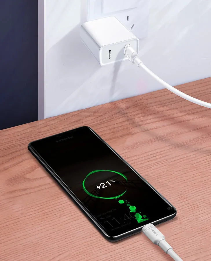 Baseus black and white Android fast charging cables with Micro USB plug, showing 1m and 2m lengths.
