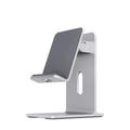 Alloy mobile phone holder in Dark Space Gray colour on a desktop