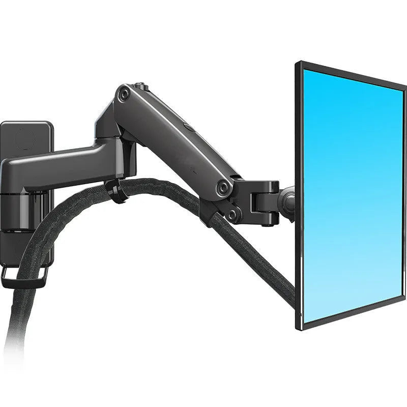 Black wall-mounted computer monitor stand with telescopic lifting arm and rotating VESA mount plate.