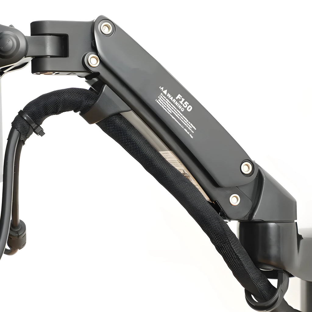 Black wall-mounted computer monitor stand with telescopic lifting arm and rotating VESA mount plate.