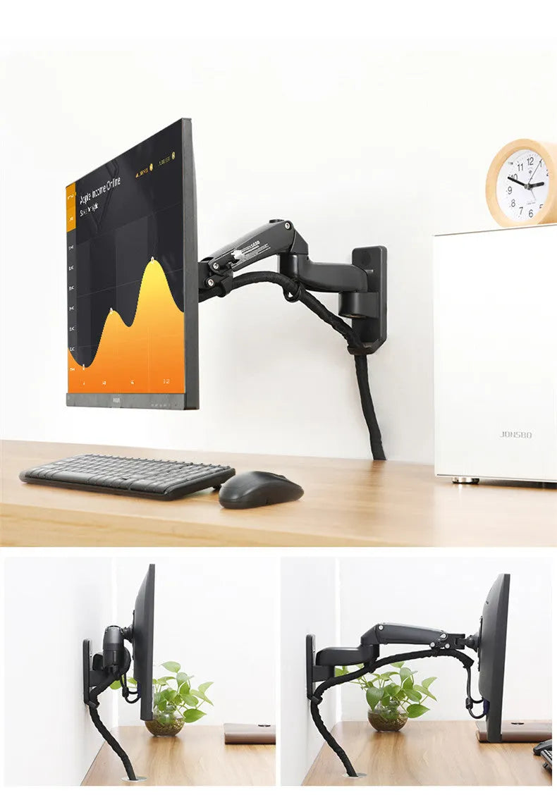 Black wall-mounted computer monitor stand with telescopic lifting arm and rotating VESA mount plate.