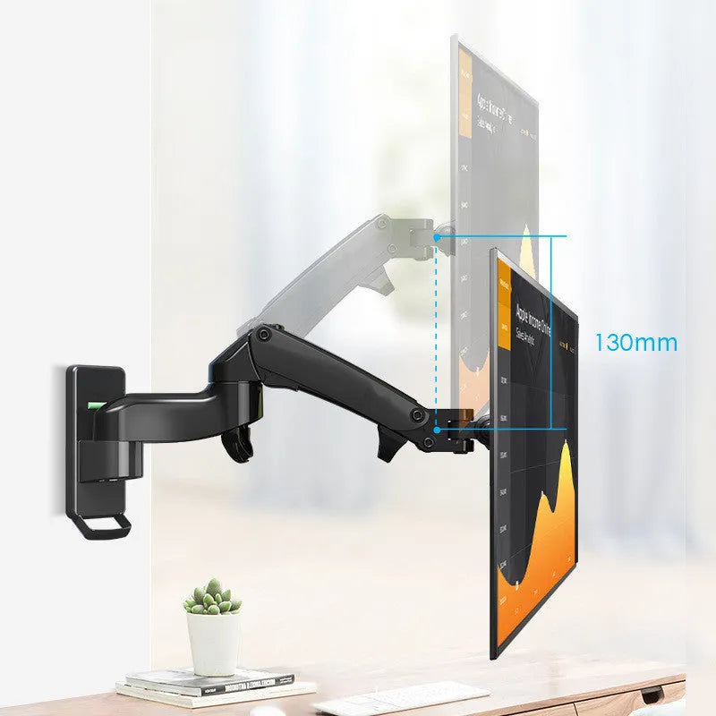 Black wall-mounted computer monitor stand with telescopic lifting arm and rotating VESA mount plate.