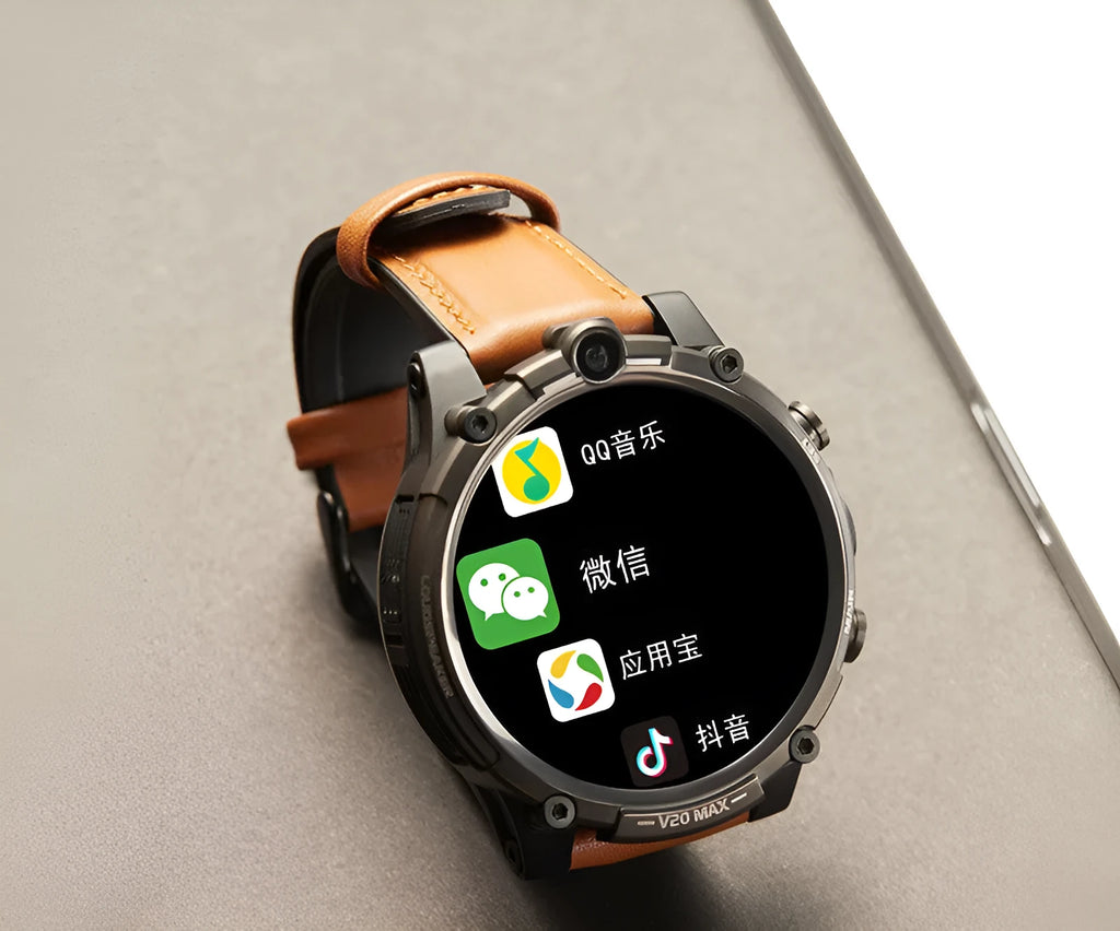 Black smart phone watch with 1.6-inch screen showing interface, wrist strap, dual cameras, and heart rate sensor