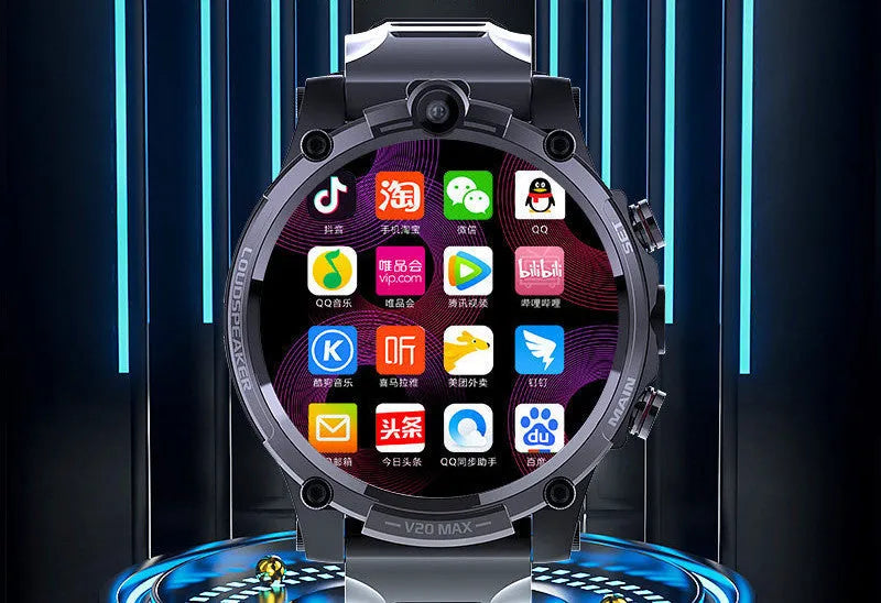 Black smart phone watch with 1.6-inch screen showing interface, wrist strap, dual cameras, and heart rate sensor