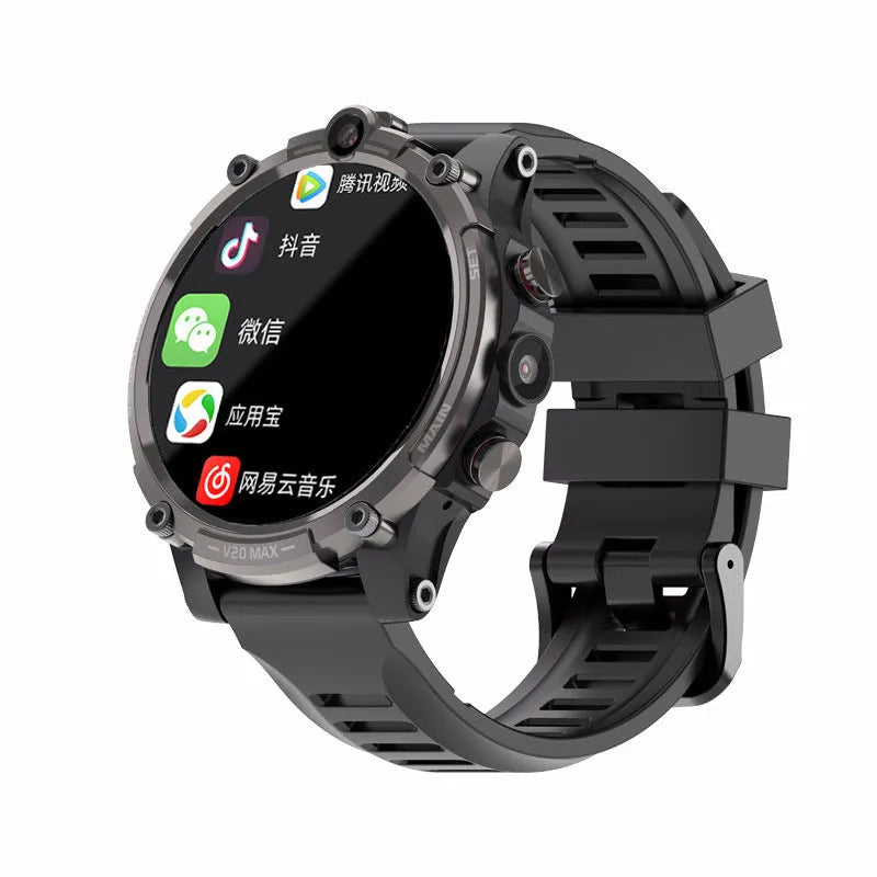 Black smart phone watch with 1.6-inch screen showing interface, wrist strap, dual cameras, and heart rate sensor
