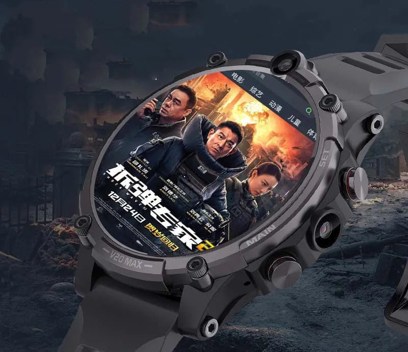 Black smart phone watch with 1.6-inch screen showing interface, wrist strap, dual cameras, and heart rate sensor