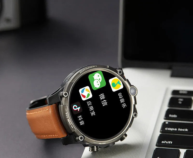 Black smart phone watch with 1.6-inch screen showing interface, wrist strap, dual cameras, and heart rate sensor