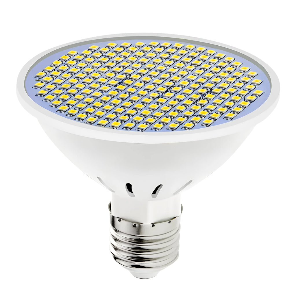 E27 LED lamp cup bulb showing warm white and cool white options with different LED bead counts