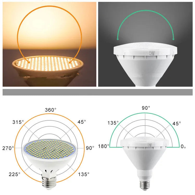 E27 LED lamp cup bulb showing warm white and cool white options with different LED bead counts