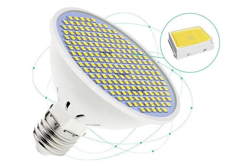 E27 LED lamp cup bulb showing warm white and cool white options with different LED bead counts