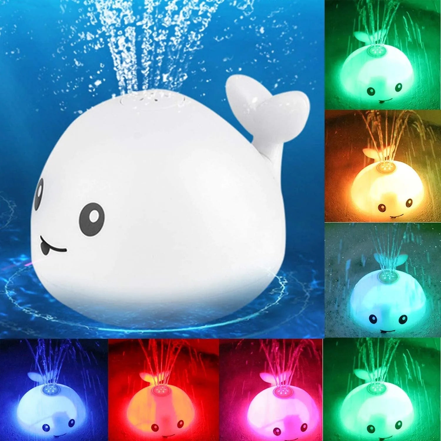 Whale-shaped baby bath toy with automatic water spray and colourful lights floating in water.