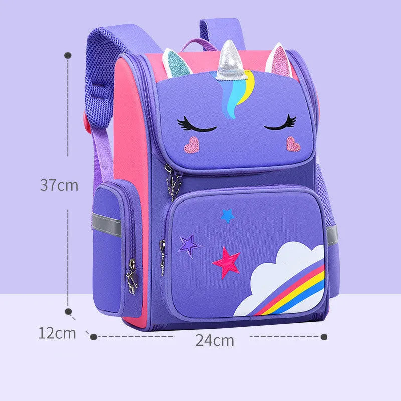 Primary school student bag in royal blue with printing, showing wear-resistant polyester construction