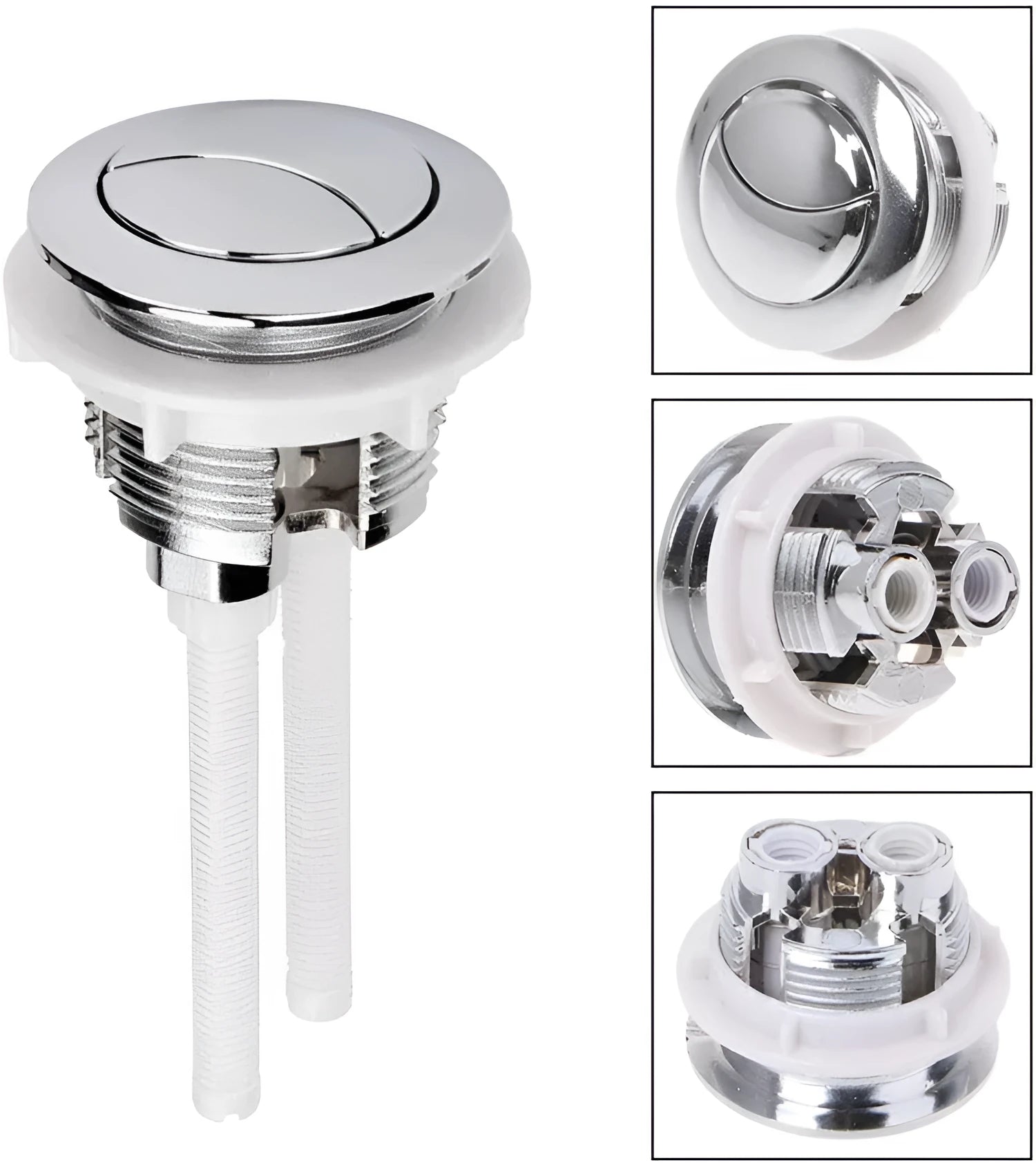 38mm round white ABS plastic double flush button for a one-piece toilet cistern.
