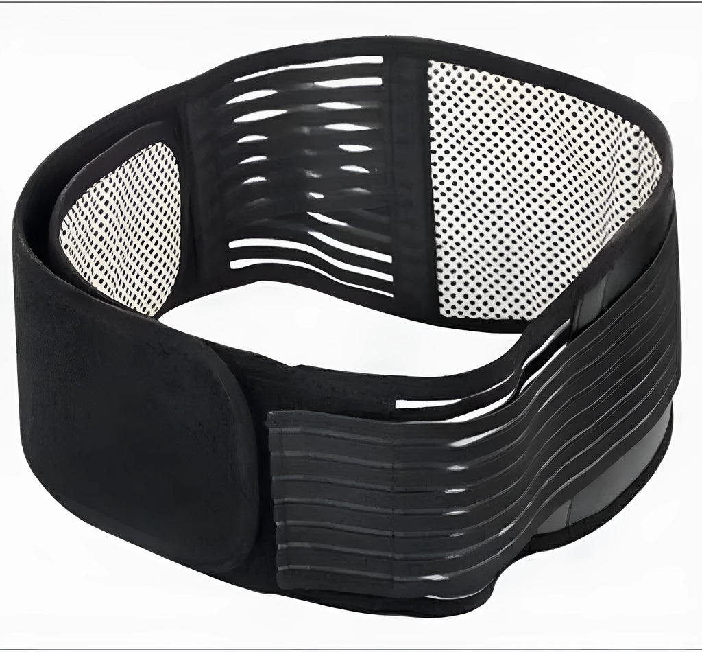 Self-heating magnetic waist protection belt in black and beige colours with elastic cloth construction