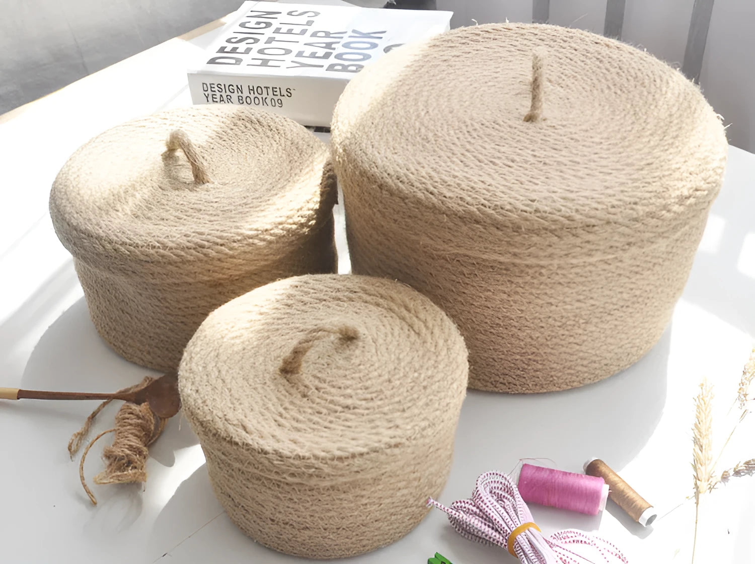 Japanese linen fabric storage basket with cover for bedroom underwear organisation in three sizes