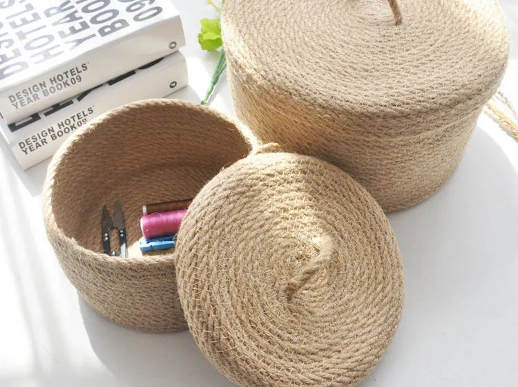 Japanese linen fabric storage basket with cover for bedroom underwear organisation in three sizes