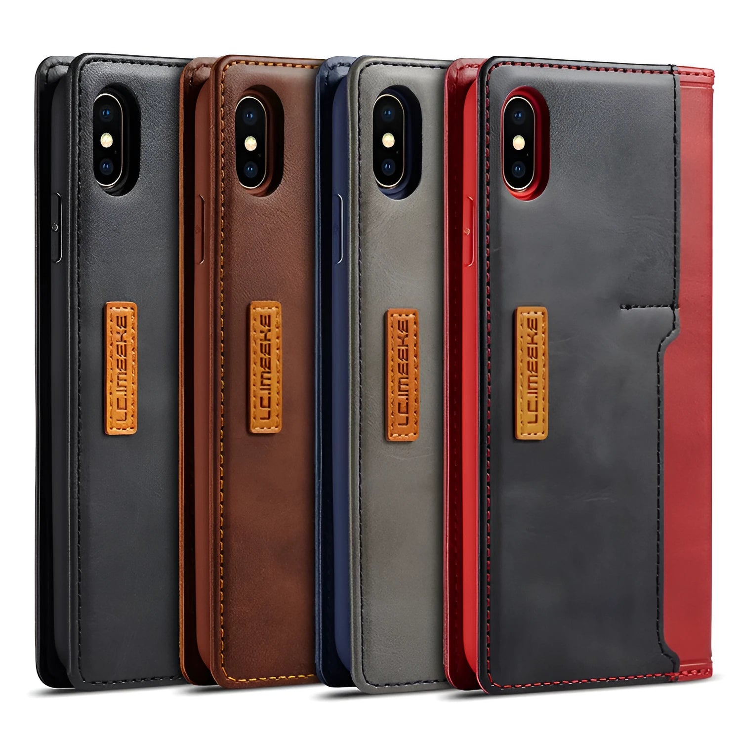 Black leather and PU flip wallet phone case for iPhone showing card slots and closed cover.