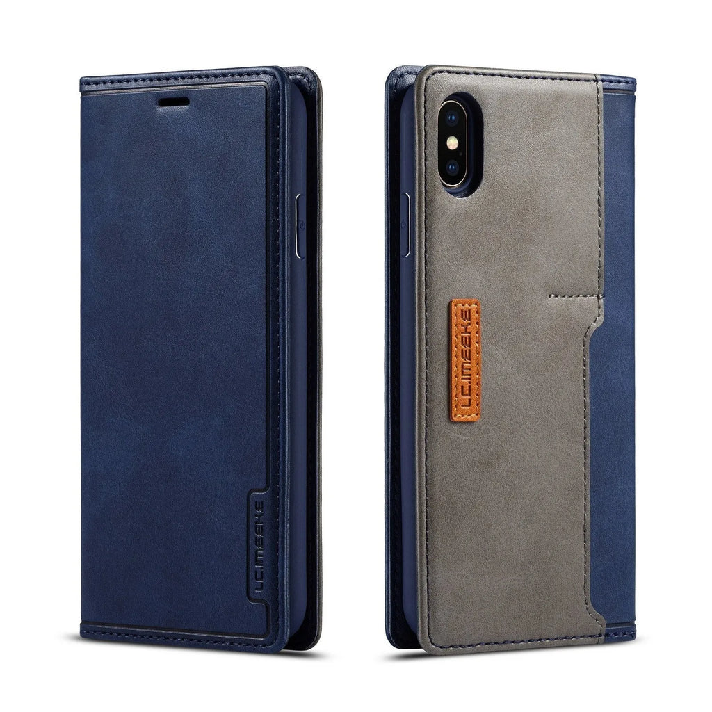Black leather and PU flip wallet phone case for iPhone showing card slots and closed cover.