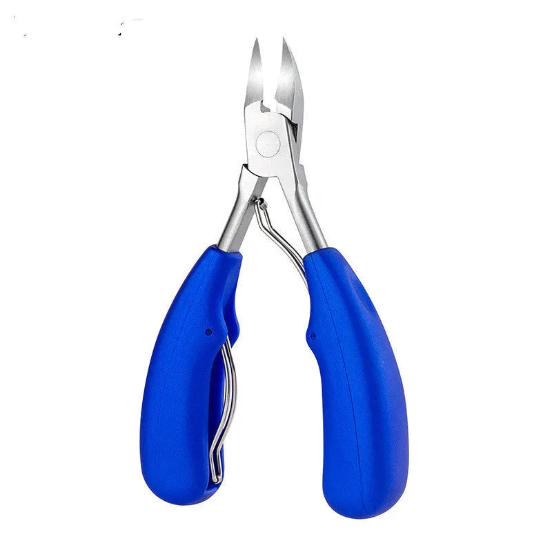 Stainless steel nail clippers and dead skin scissors with red, blue, and black ABS plastic handles