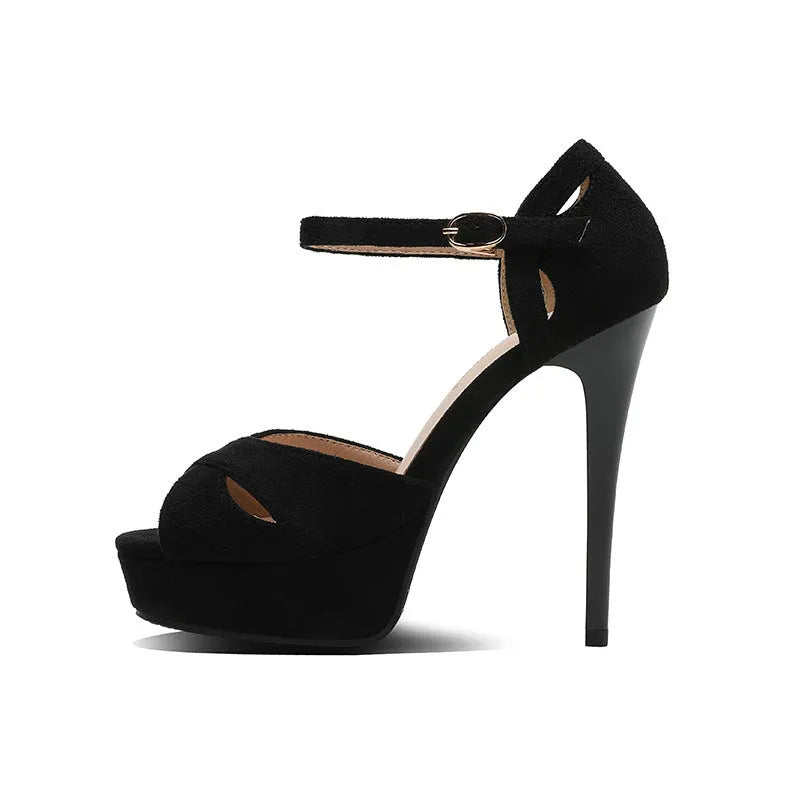 Black women's stiletto high heel sandals with fish mouth toe and platform sole.