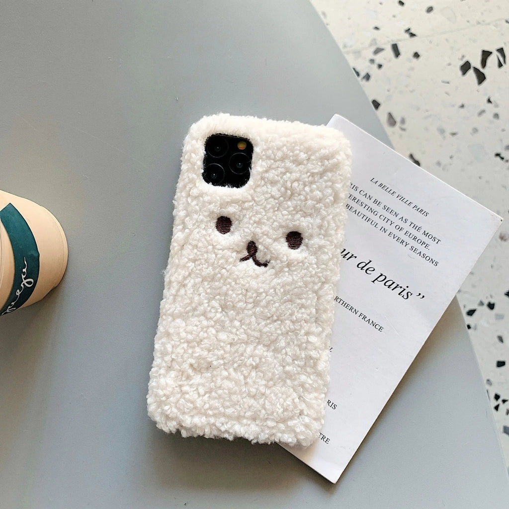 Brown embroidery plush cartoon bear face design on a TPU iPhone phone case