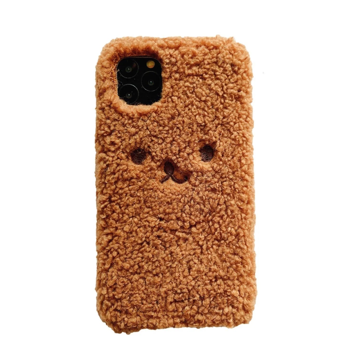 Brown embroidery plush cartoon bear face design on a TPU iPhone phone case