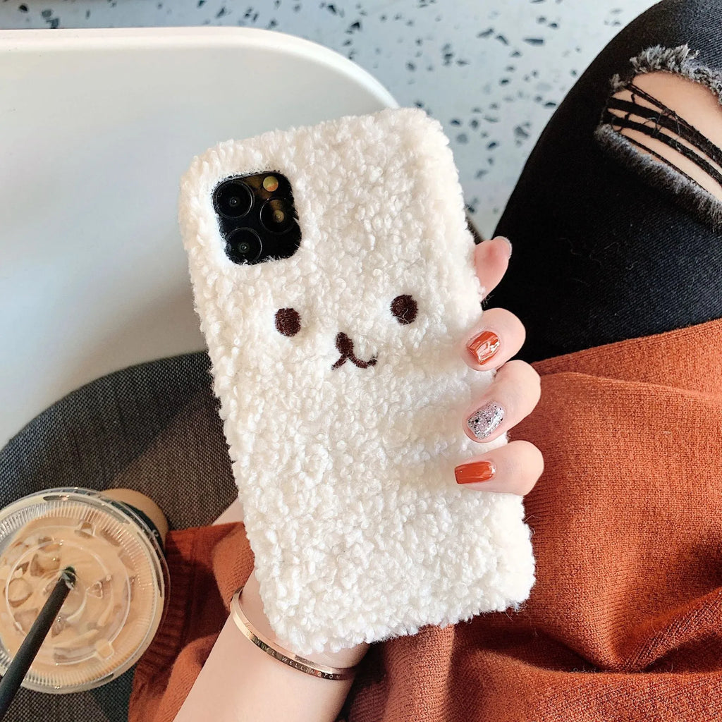 Brown embroidery plush cartoon bear face design on a TPU iPhone phone case