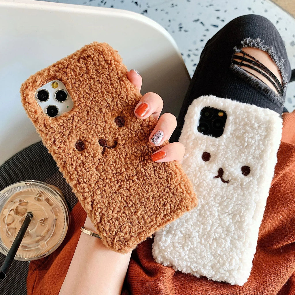 Brown embroidery plush cartoon bear face design on a TPU iPhone phone case